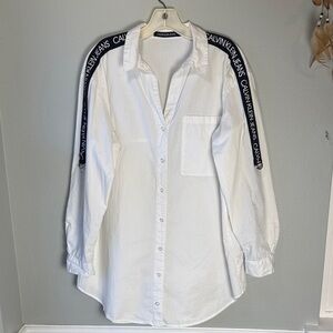 Calvin Klein Button Front White Shirt with Logo Stripes and adjustable sleeves